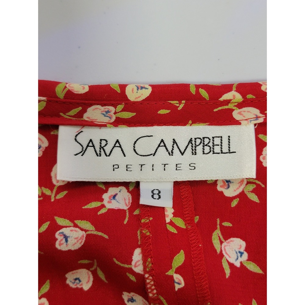 Vintage Sara Campbell Red Floral Midi Dress Petite 8P Button Front Rayon - Picture 5 of 14